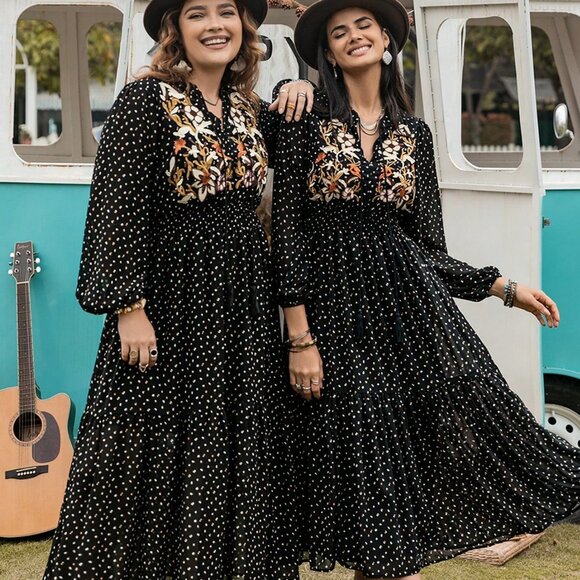 Black Boho Womens Chiffon Polka Dot V-Neck Tie Elegant Dress - Picture 8 of 8